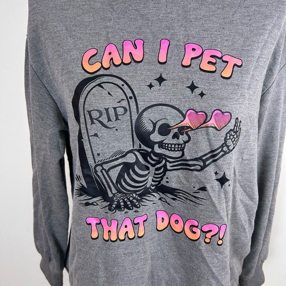 Shein Can I Pet That Dog Skeleton Sweatshirt Womens Medium Gray Halloween Crew - Picture 3 of 8